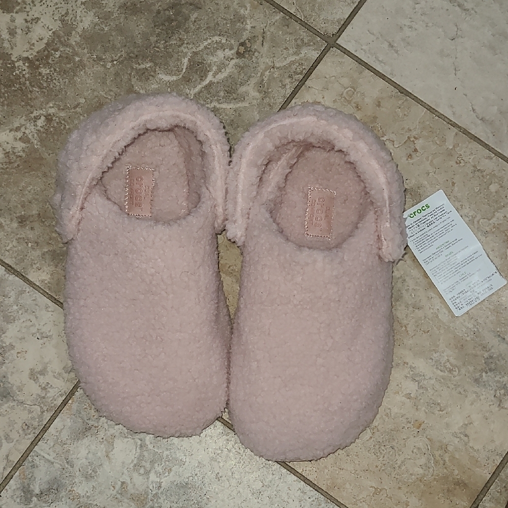 CROCS Women's Pink Fuzzy Slippers - Picture 7 of 9